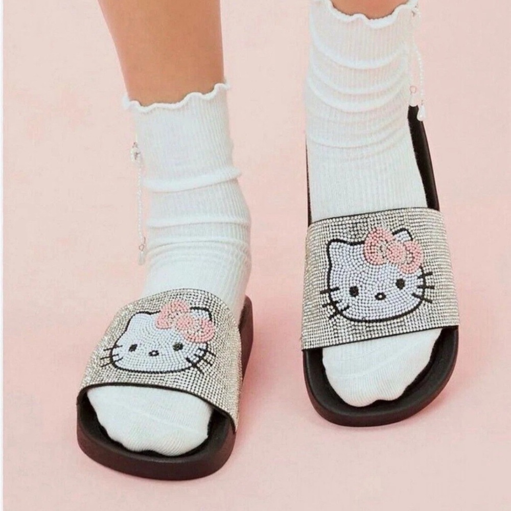 Hello Kitty Rhinestone Slide Sandals in Black and Silver with Pink Bow